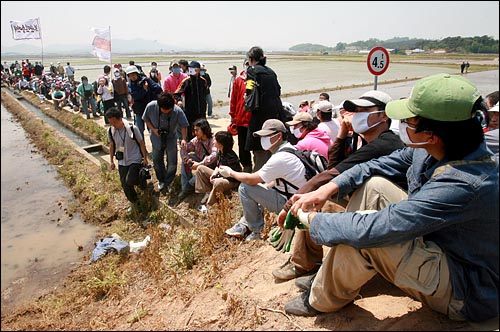 평택 미군기지 확장이전에 반대하는 시위대가 2006년 5월 14일 농로를 통해 대추리로 진입하려 했으나 경찰에 가로막혀 대치하고 있다.
